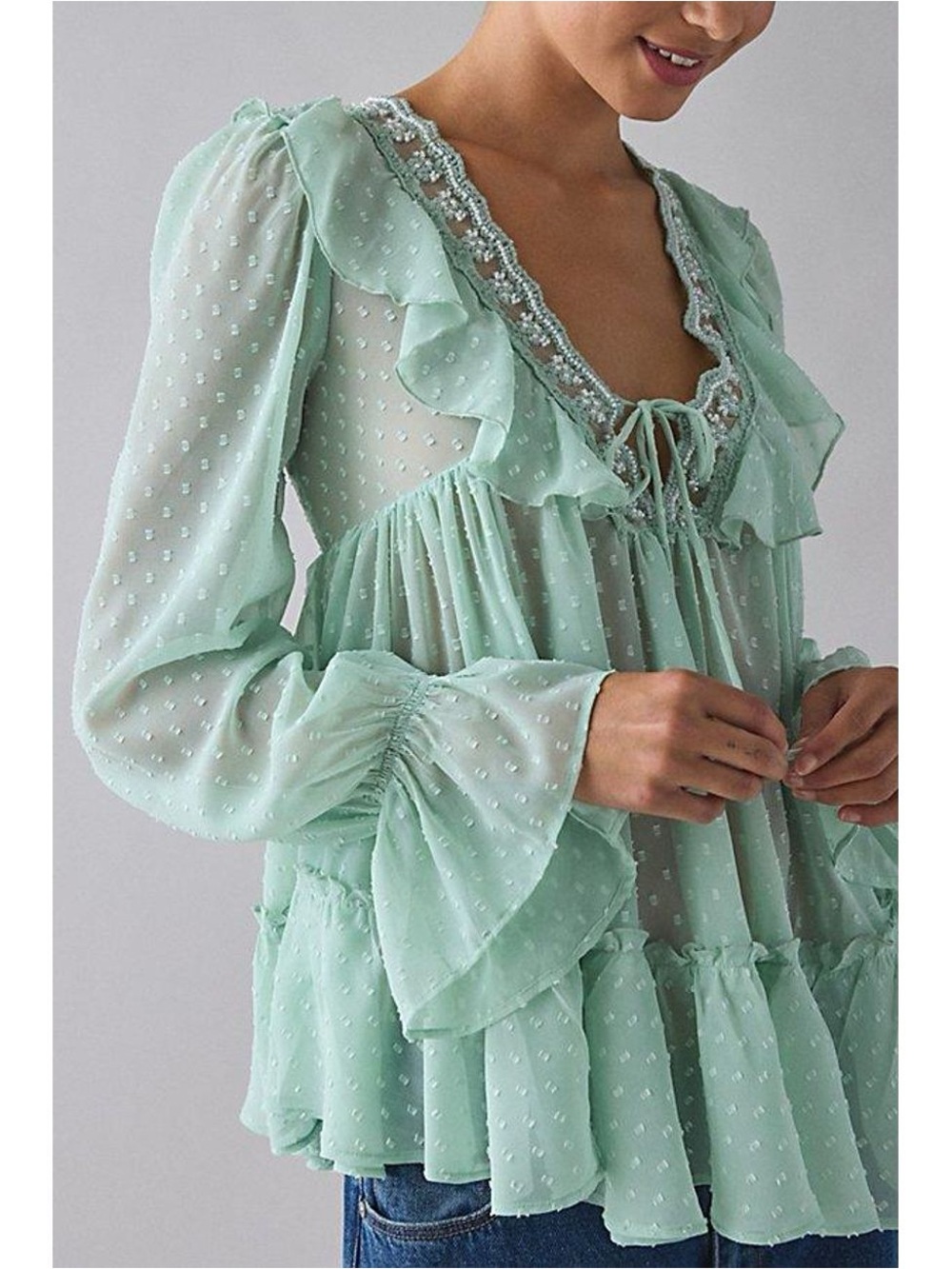 Kimchi Blue Mint Sheer Swiss Dot Ruffle Tie-Front Babydoll Top - Picture 8 of 12